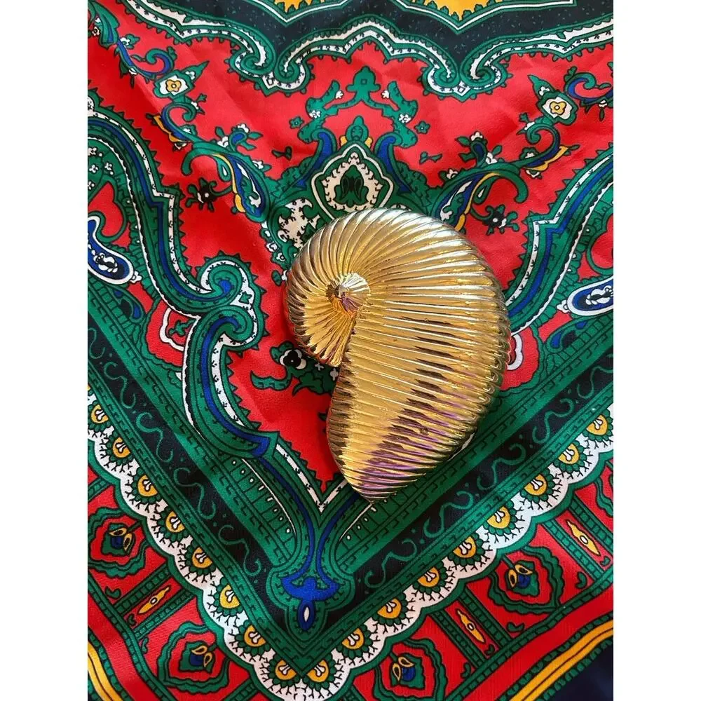 Vtg Gay Boyer Gold Tone Seashell Pendant Scarf Slide & Vtg Abstract Square Scarf
